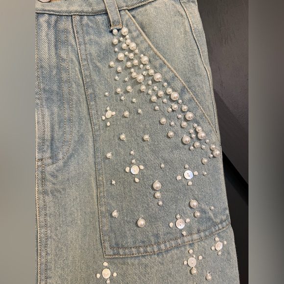 Sea Light Blue Embroidered Denim Midi Skirt - Picture 10 of 15